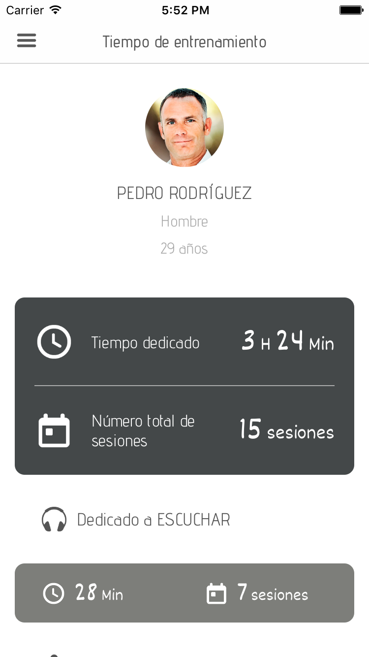 Captura de pantalla de la aplicación REM Volver a casa: perfil de usuario y tiempo de entrenamiento